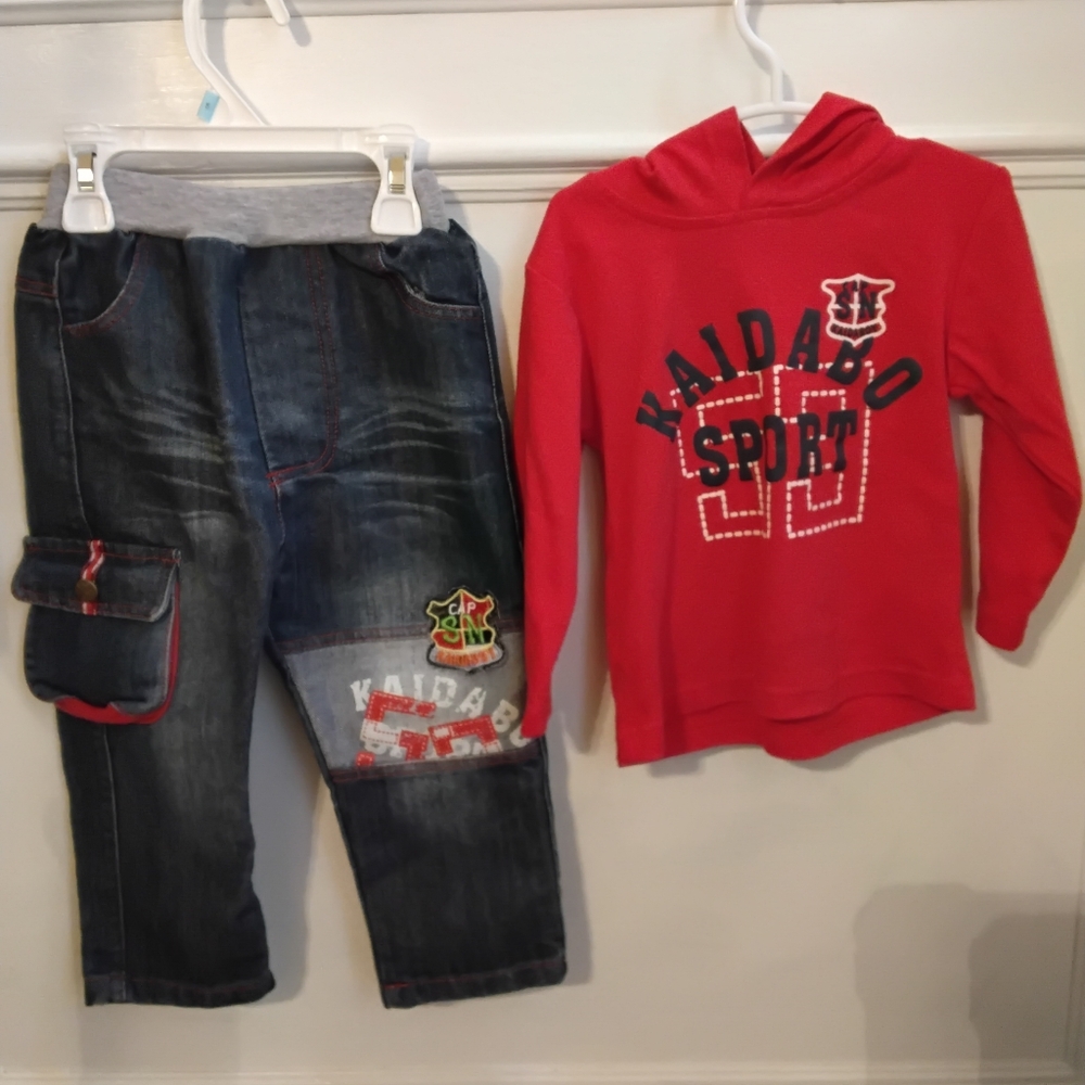 Boys Denim Jacket, Joggers & Red Hoodie Set